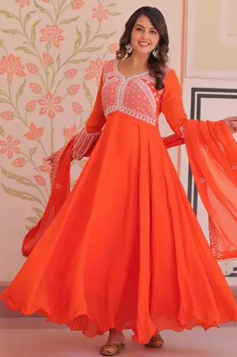 Orange georgette embroidered gown set