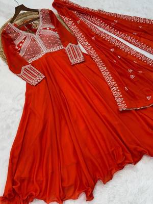 Orange georgette embroidered gown set 4