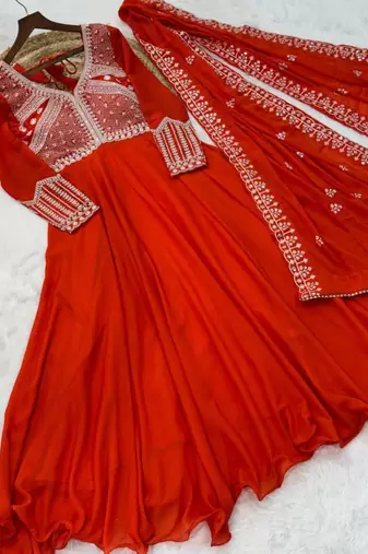 Orange georgette embroidered gown set