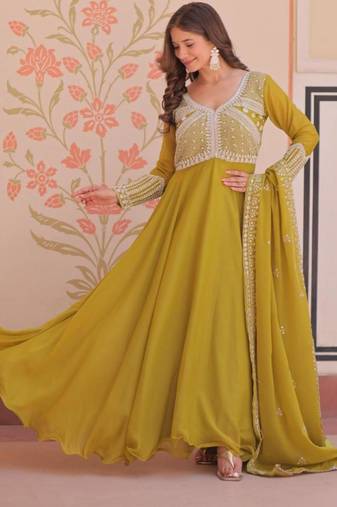 Yellow georgette embroidered gown set