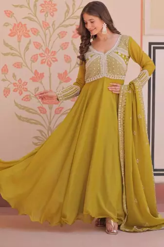 Yellow georgette embroidered gown set