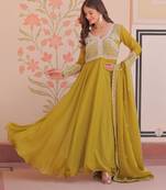 Yellow georgette embroidered gown set