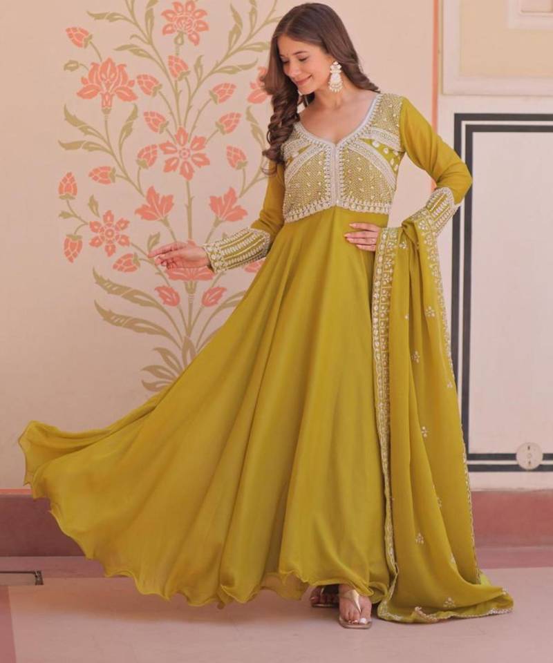 Yellow georgette embroidered gown set