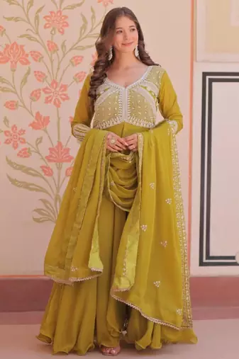 Yellow georgette embroidered gown set