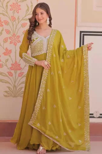 Yellow georgette embroidered gown set
