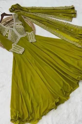 Yellow georgette embroidered gown set