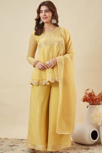 Light yellow silk blend embroidered palazzo set