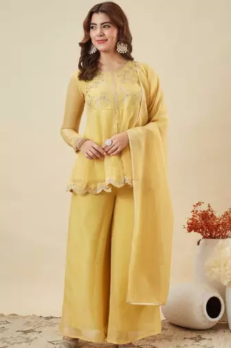 Light yellow silk blend embroidered palazzo set