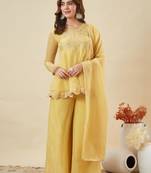 Light yellow silk blend embroidered palazzo set