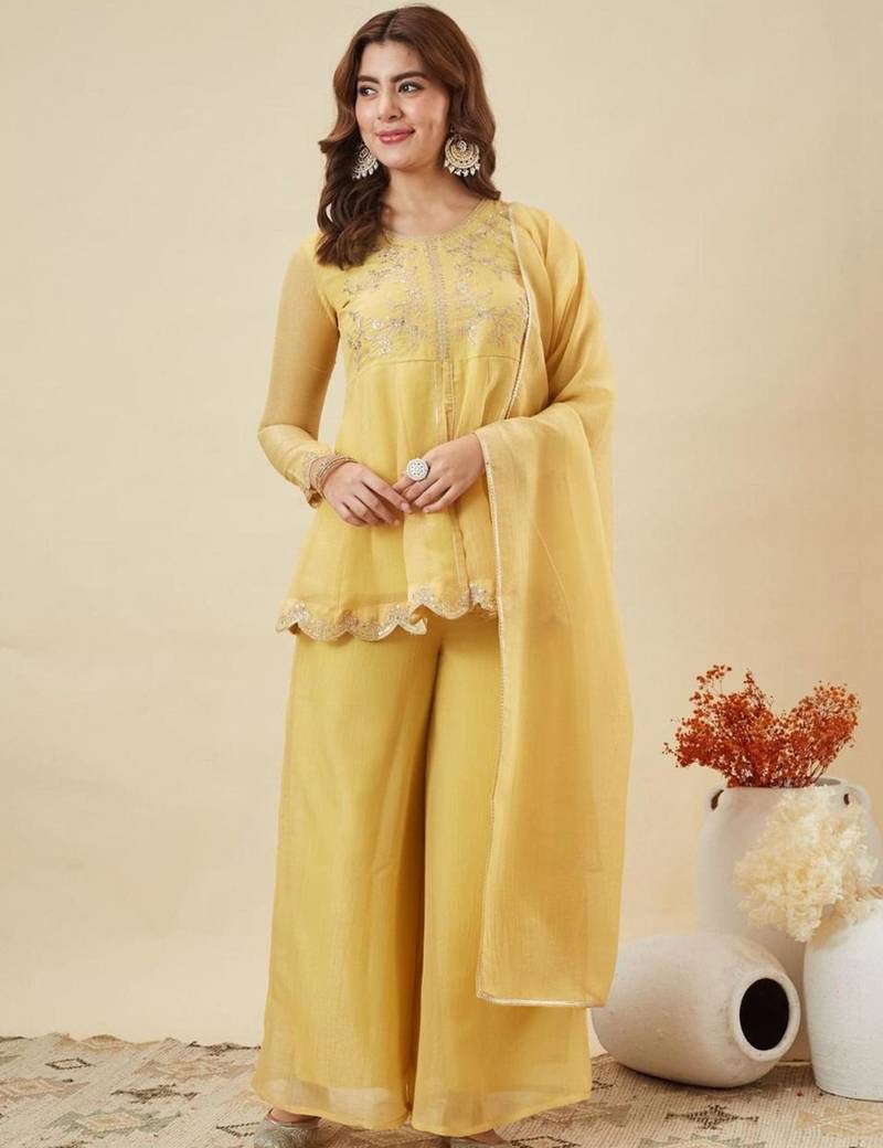 Light yellow silk blend embroidered palazzo set