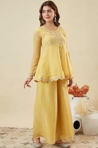 Light yellow silk blend embroidered palazzo set