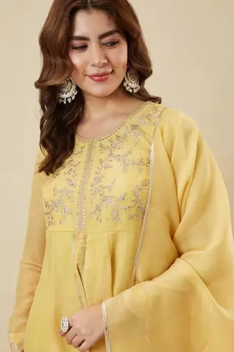 Light yellow silk blend embroidered palazzo set