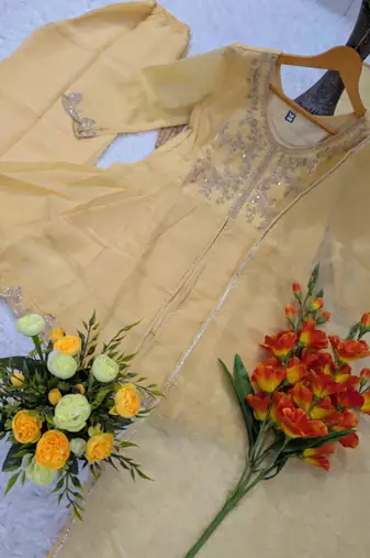 Light yellow silk blend embroidered palazzo set
