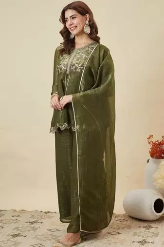 Olive silk blend embroidered palazzo set