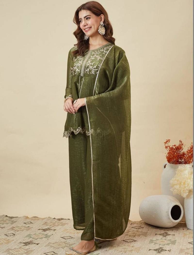 Olive silk blend embroidered palazzo set