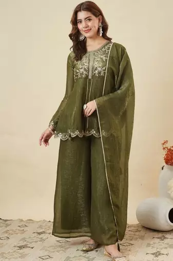Olive silk blend embroidered palazzo set