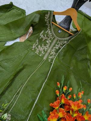 Olive silk blend embroidered palazzo set 4
