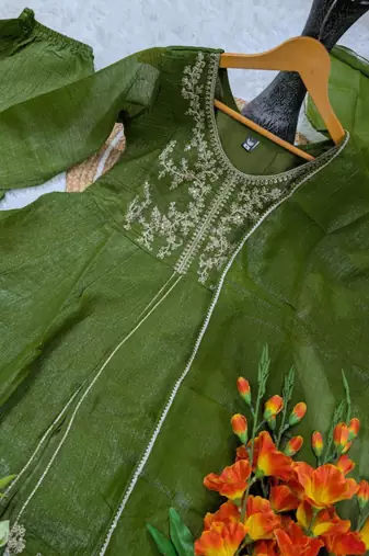 Olive silk blend embroidered palazzo set