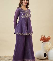 Purple silk blend embroidered palazzo set