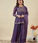 Purple silk blend embroidered palazzo set
