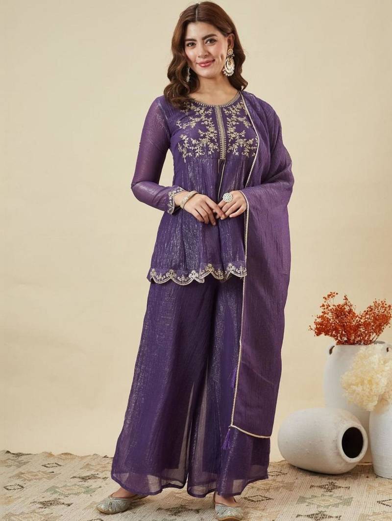 Purple silk blend embroidered palazzo set