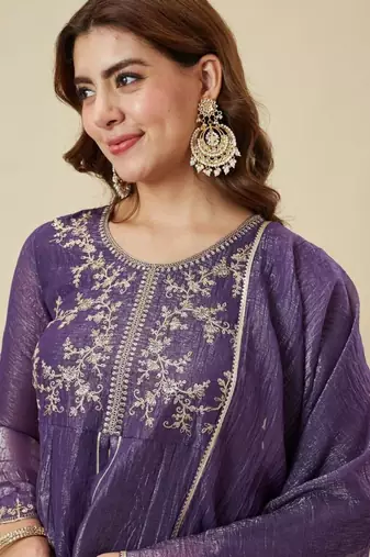 Purple silk blend embroidered palazzo set