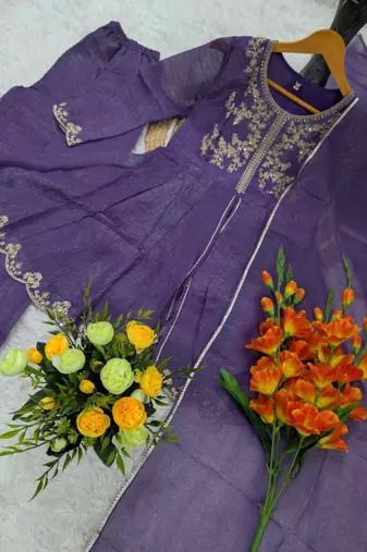 Purple silk blend embroidered palazzo set