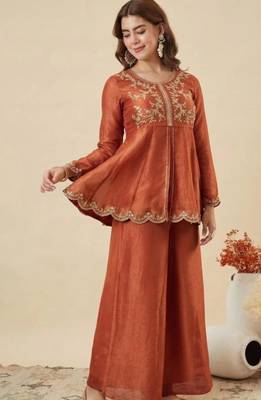 Dark orange silk blend embroidered palazzo set 2