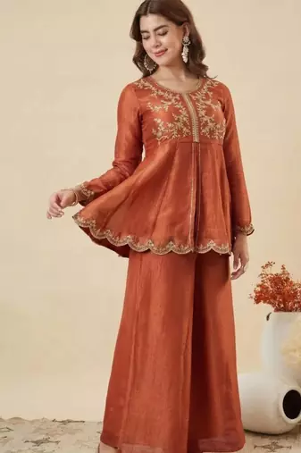 Dark orange silk blend embroidered palazzo set