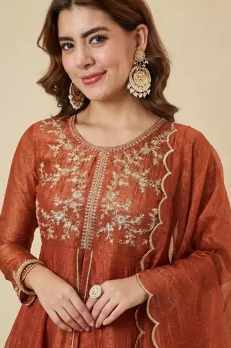 Dark orange silk blend embroidered palazzo set