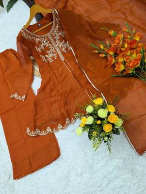 Dark orange silk blend embroidered palazzo set 4
