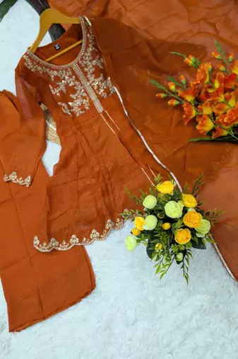 Dark orange silk blend embroidered palazzo set