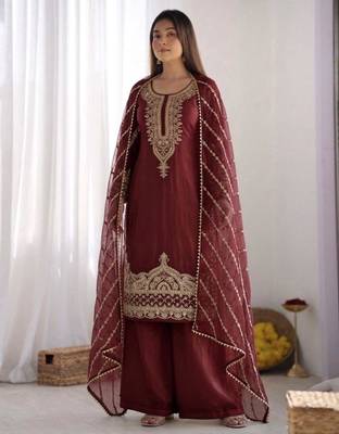 Maroon silk blend embroidered palazzo set 2