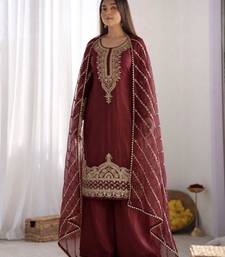 Maroon silk blend embroidered palazzo set