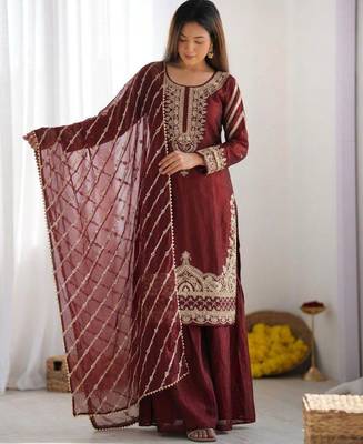 Maroon silk blend embroidered palazzo set 1