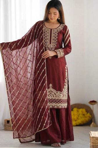 Maroon silk blend embroidered palazzo set