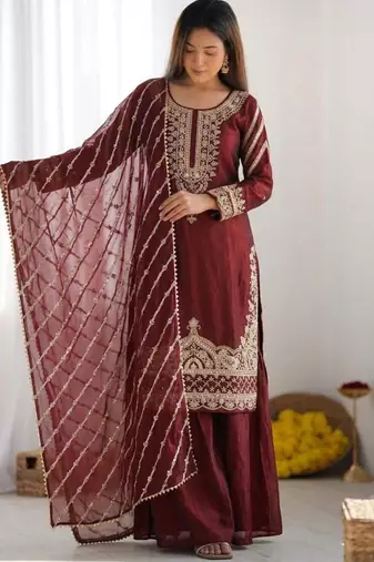 Maroon silk blend embroidered palazzo set