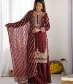 Maroon silk blend embroidered palazzo set