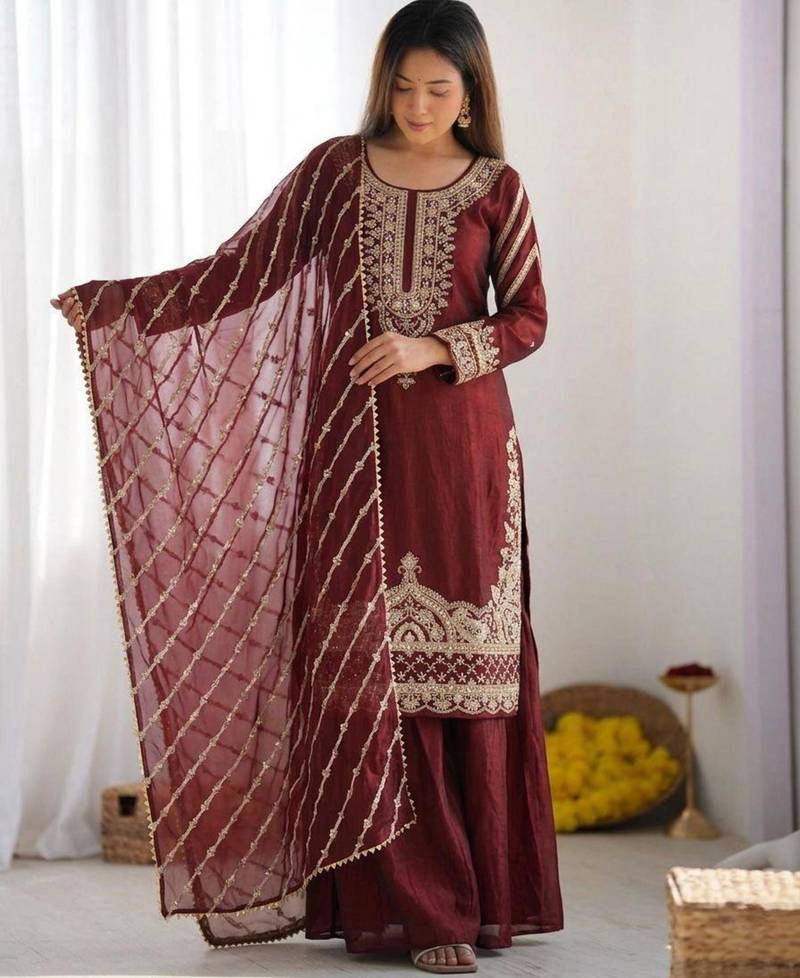 Maroon silk blend embroidered palazzo set