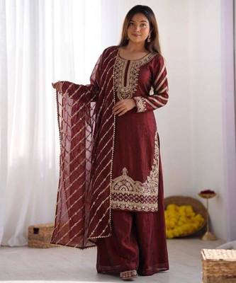 Maroon silk blend embroidered palazzo set 4