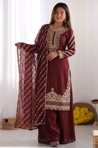 Maroon silk blend embroidered palazzo set