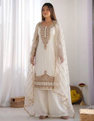 White silk blend embroidered palazzo set 1