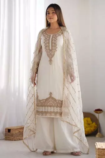 White silk blend embroidered palazzo set