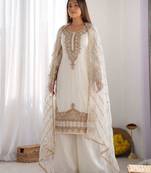 White silk blend embroidered palazzo set
