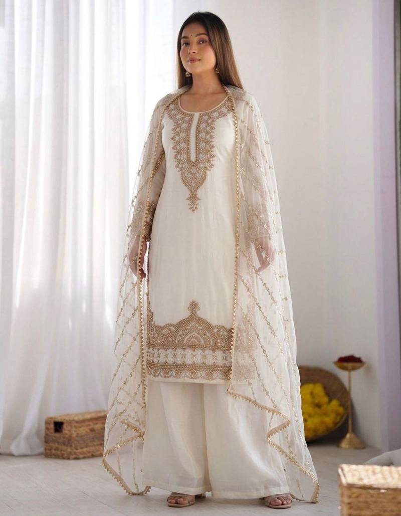 White silk blend embroidered palazzo set