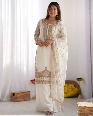 White silk blend embroidered palazzo set 2