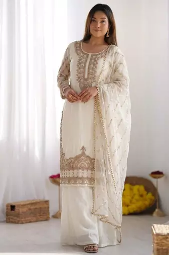 White silk blend embroidered palazzo set