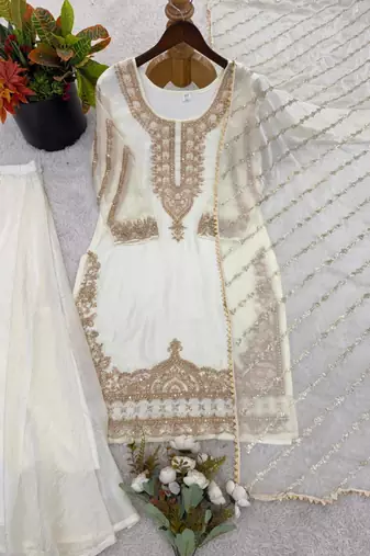 White silk blend embroidered palazzo set