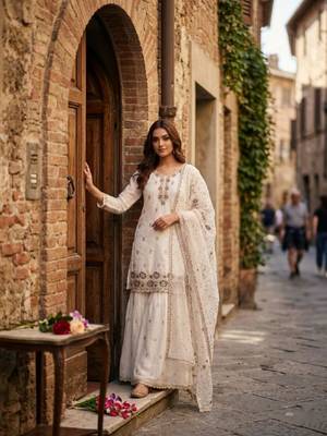 White silk blend embroidered sharara set 2