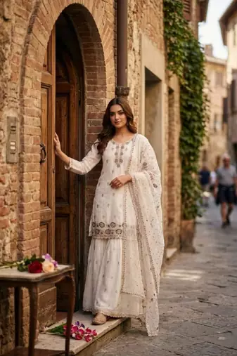 White silk blend embroidered sharara set